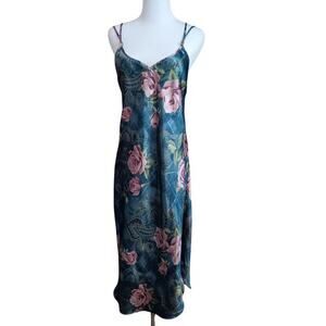 VINTAGE Long Nightgown Maxi Slip Dress Katherine Bishop Satin Floral Sexy Medium